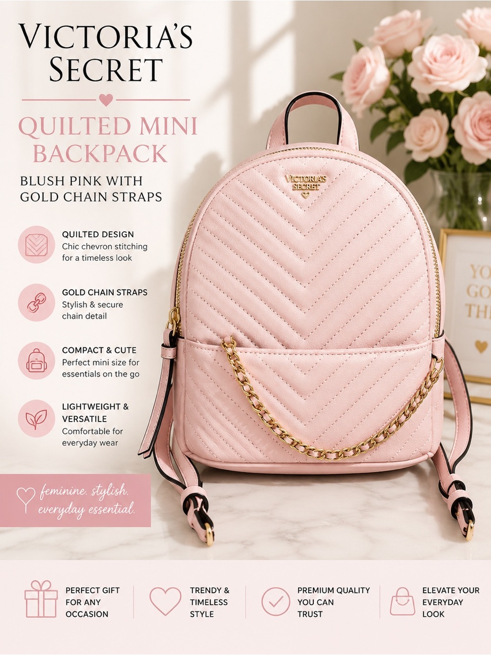 Victoria’s Secret Blush Pink Quilted Mini Backpack Gold Chain Straps - Picture 1 of 4